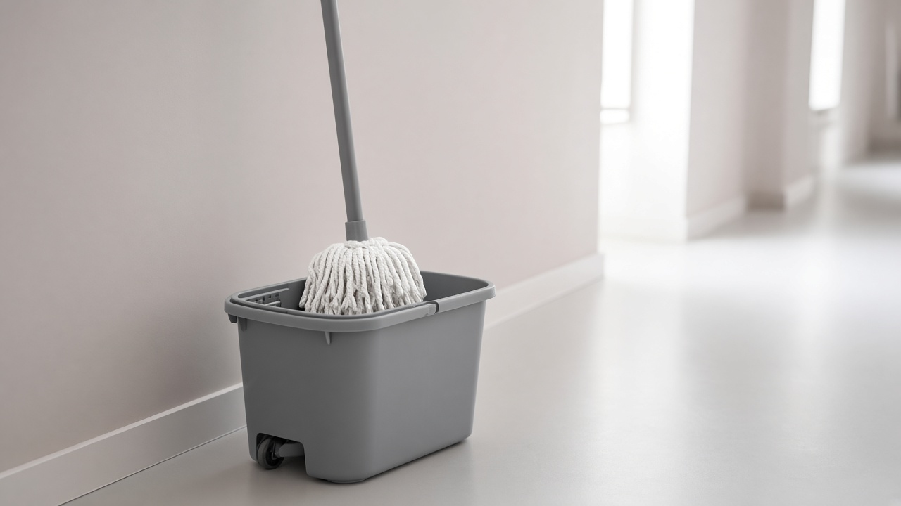Szare wiadro na kółkach i biały mop w jasnym korytarzu